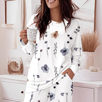 Chicme Women's Floral Print Round Neck Long Sleeve Top and Casual Floral Pants Set with Pockets
