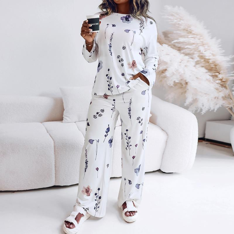 Chicme Women's Floral Print Round Neck Long Sleeve Top and Casual Floral Pants Set with Pockets