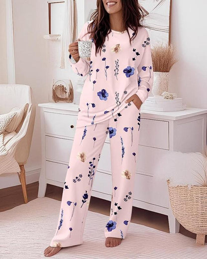 Chicme Women's Floral Print Round Neck Long Sleeve Top and Casual Floral Pants Set with Pockets