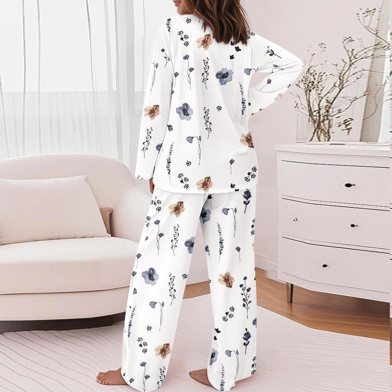 Chicme Women's Floral Print Round Neck Long Sleeve Top and Casual Floral Pants Set with Pockets