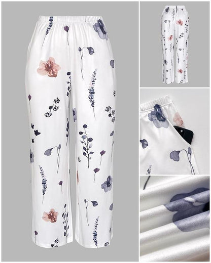 Chicme Women's Floral Print Round Neck Long Sleeve Top and Casual Floral Pants Set with Pockets