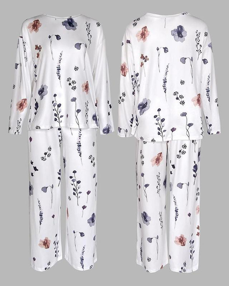 Chicme Women's Floral Print Round Neck Long Sleeve Top and Casual Floral Pants Set with Pockets