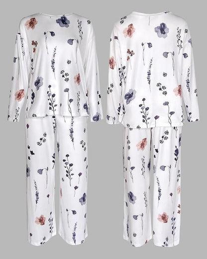 Chicme Women's Floral Print Round Neck Long Sleeve Top and Casual Floral Pants Set with Pockets